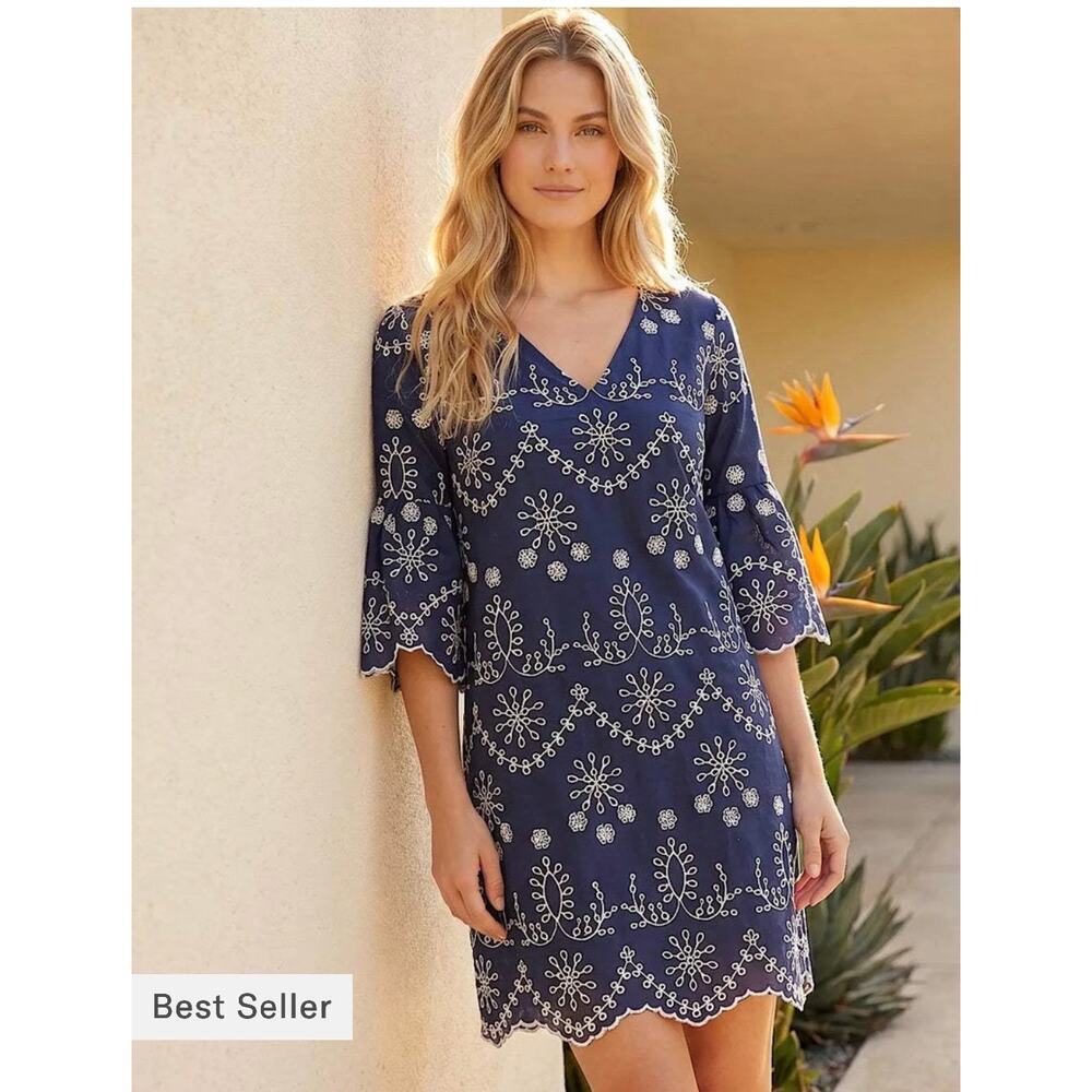 Karen Kane Boardwalk Embroidered Dress Navy Ivory Scallop Hem Medium NWT